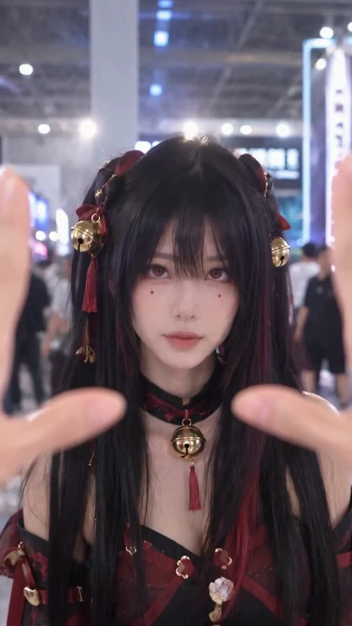 A black-haired digital cosplay character frames her face with her hands in a convention setting.