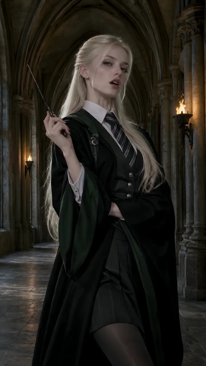 The platinum-haired Female Malfoy holds her wand in a torch-lit stone corridor, wearing her dark robe and green-striped tie.