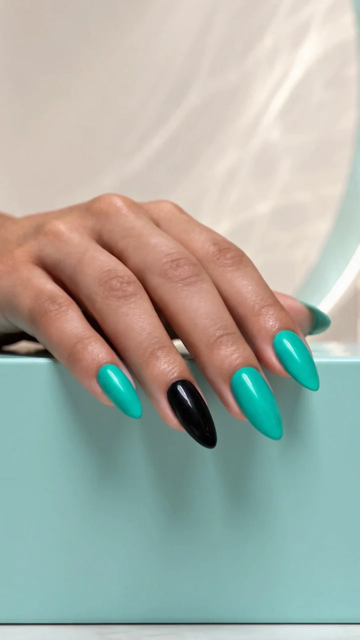 Glossy turquoise nails with a black accent nail, resting on a pale aqua surface.