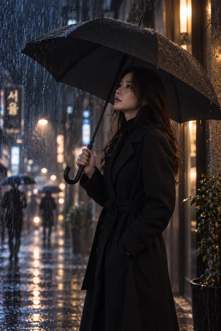 A woman beneath a black umbrella looks into the rain on an illuminated city street.