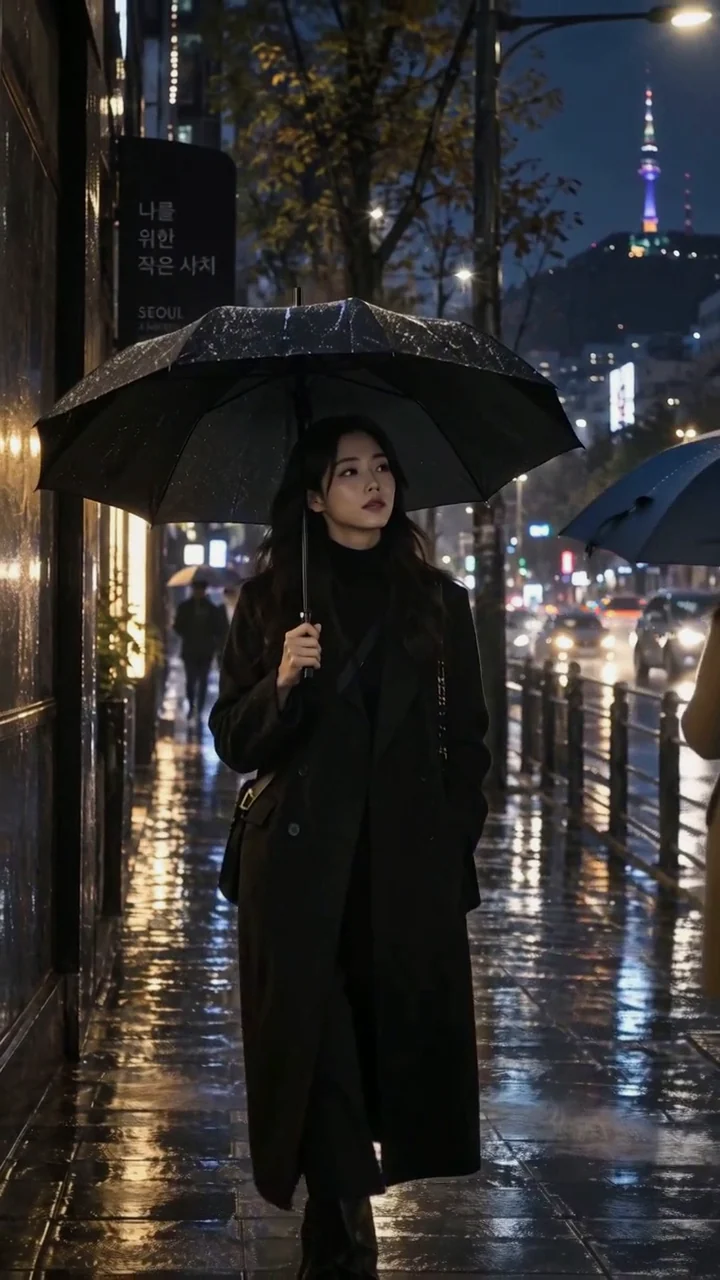 A woman walks beneath an umbrella along a rain-soaked Seoul street, with the illuminated tower in the distance.